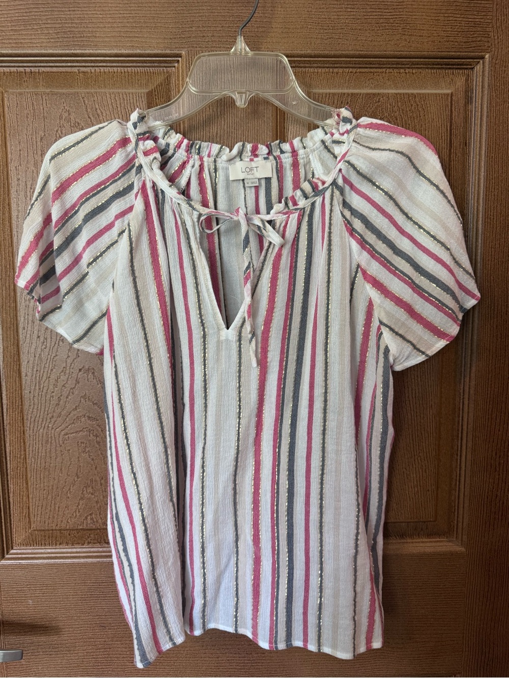 LOFT Pink Stripe Short-Sleeve Top. Size Medium